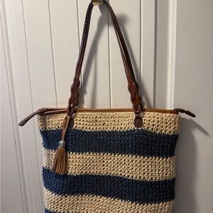 Brighton Navy and Tan Striped Tote with Brown Handles
